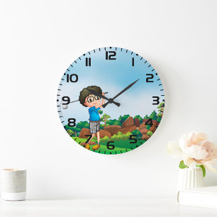 Grande Horloge Ronde Cute Cartoon Boy Golf Fun Golf Amusant Golf Lover 
