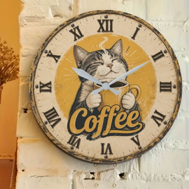 Grande Horloge Ronde Cute Cat Coffee (Créateur téléchargé)