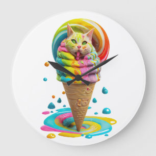 Grande Horloge Ronde Cute Cat Ice Cream Cone coloré