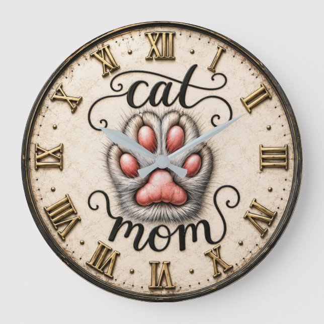 Grande Horloge Ronde Cute Cat Nom Paw Print Rustic  (Recto)