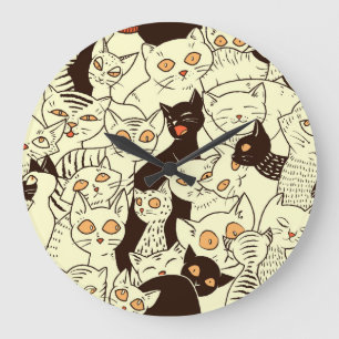 Grande Horloge Ronde Cute Cats Vintage Motif papier peint