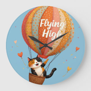 Grande Horloge Ronde Cute Chat Hot Air Balloon Whimsical Art