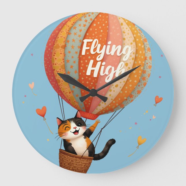 Grande Horloge Ronde Cute Chat Hot Air Balloon Whimsical Art (Recto)
