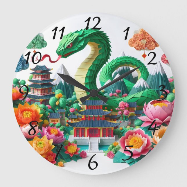 Grande Horloge Ronde Cute chinois Nouvel An Serpent Origami WC6 (Recto)
