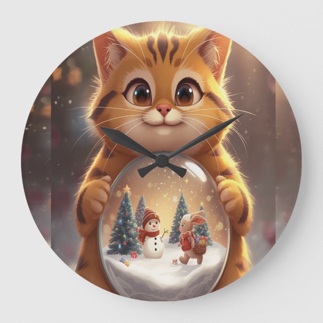 Grande Horloge Ronde Cute Christmas Cat Holding Snow Globe Art (Recto)