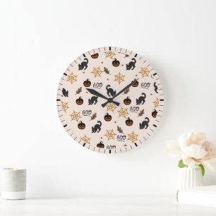 Grande Horloge Ronde Cute Citrouille Chat Noir Halloween Motif