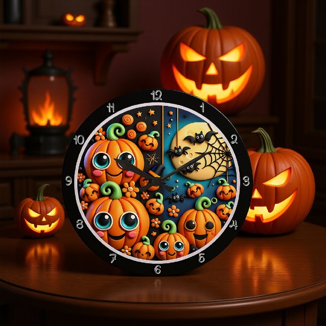 Grande Horloge Ronde Cute Citrouille Lune Bats Scène (Créateur téléchargé)