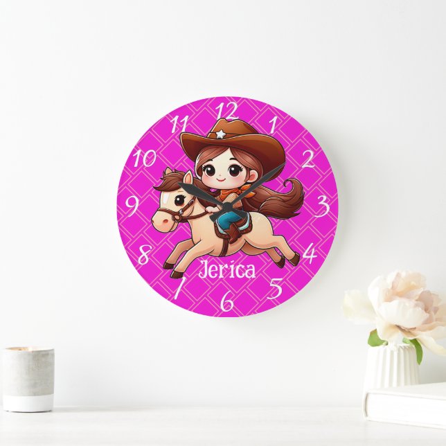 Grande Horloge Ronde Cute Cowgirl et Cheval Western Rose (Maison)