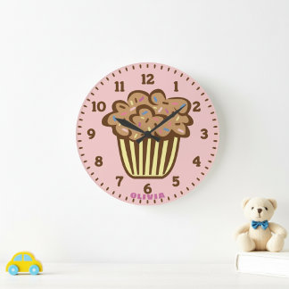 Grande Horloge Ronde Cute Cupcake with Custom Name Wall Clock