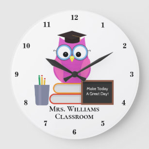 Grande Horloge Ronde Cute Custom Classroom Chouette rose Professeur Mon