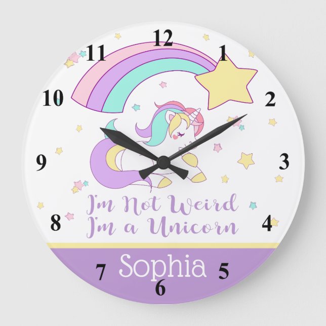 Grande Horloge Ronde Cute Custom Personalized Magical Rainbow Unicorn (Recto)