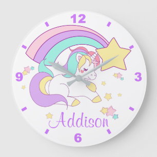 Grande Horloge Ronde Cute Custom Personalized Magical Rainbow Unicorn