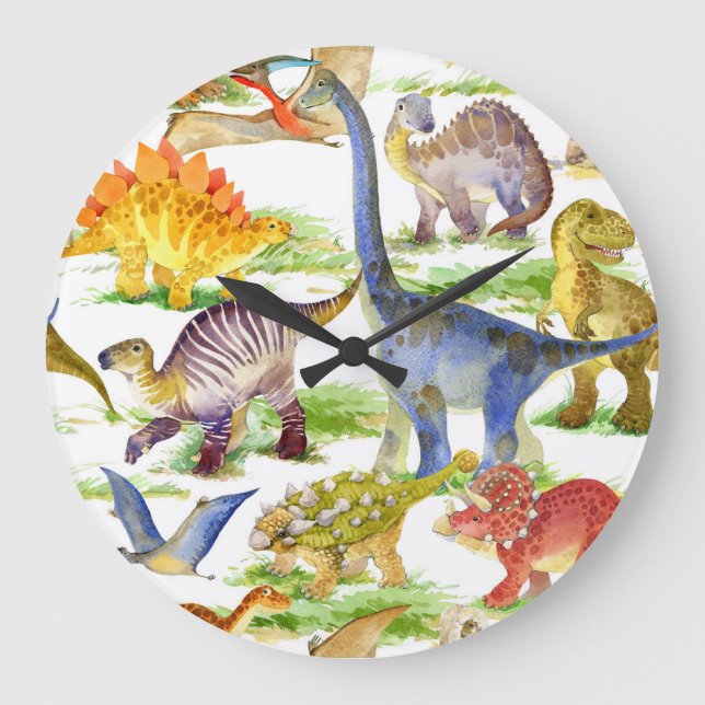 Grande Horloge Ronde Cute Dinosaures Aquarelle Art sans fil (Recto)