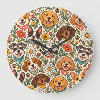 Grande Horloge Ronde Cute Dogs and Colorful Floral Pattern