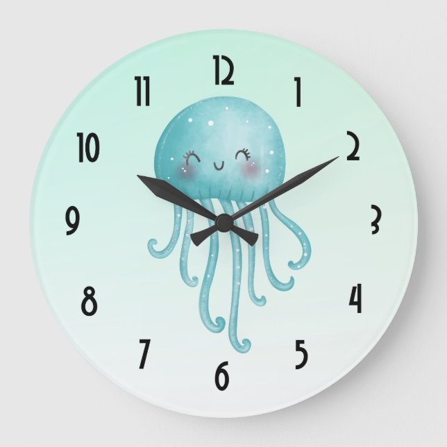 Grande Horloge Ronde Cute et Joyeuse méduse bleu-vert (Recto)