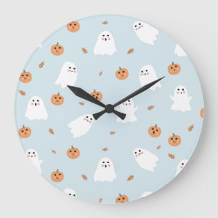 Grande Horloge Ronde Cute Fantôme et Citrouille Motif d'Halloween bleu