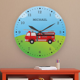 Grande Horloge Ronde Cute Fire Truck Firefighter Salle pour enfants