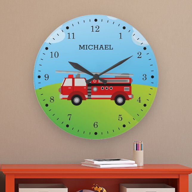 Grande Horloge Ronde Cute Fire Truck Firefighter Salle pour enfants (Créateur téléchargé)