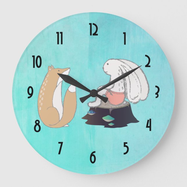 Grande Horloge Ronde Cute Fox and Rabbit Woodland Creatures Drawing (Recto)