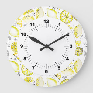 Grande Horloge Ronde Cute Fraîche Citrus Citron D'Été Doodle Jaune
