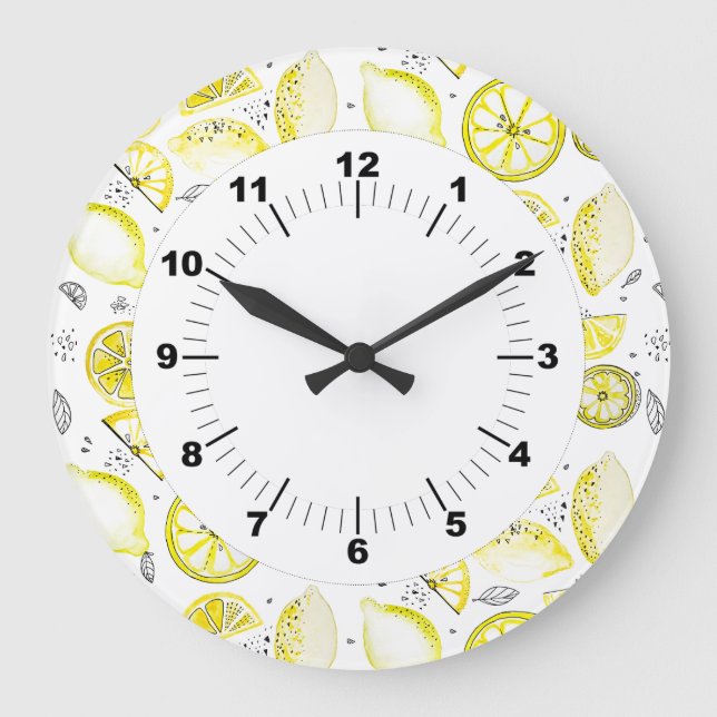 Grande Horloge Ronde Cute Fraîche Citrus Citron D'Été Doodle Jaune (Recto)