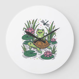 Grande Horloge Ronde Cute Frog Riding Turtle Pond Vintage Vector Art_1