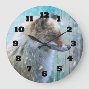Grande Horloge Ronde Cute Furry Fox sur Blue Grunge Arrière - plan