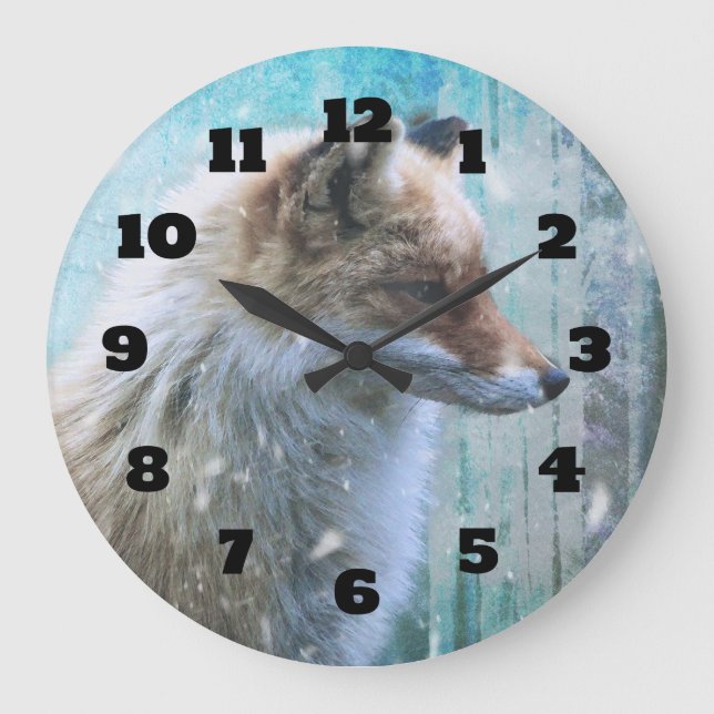 Grande Horloge Ronde Cute Furry Fox sur Blue Grunge Arrière - plan (Recto)