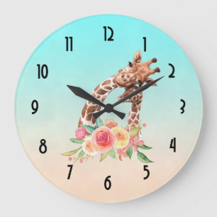 Grande Horloge Ronde Cute Giraffe Aquarelle Maman & Bébé