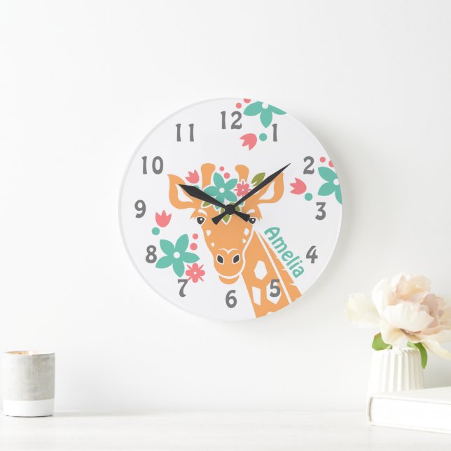 Grande Horloge Ronde Cute Giraffe avec Flower Crown Personalised (Maison)