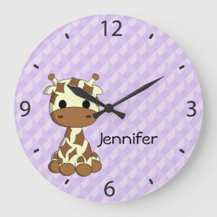 Grande Horloge Ronde Cute giraffe cartoon name large nursery wall clock