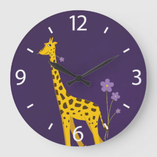 Grande Horloge Ronde Cute Giraffe Flowers Purple