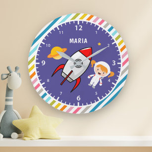 Grande Horloge Ronde Cute Girl Astronaut Espace Extérieur Rocket Salle