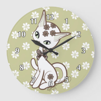 Grande Horloge Ronde Cute girly Kitty Cat Antique