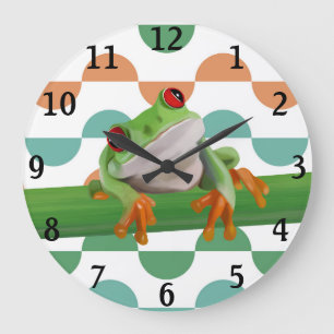 Grande Horloge Ronde Cute grenouille à arbre rouge coloré géométrique