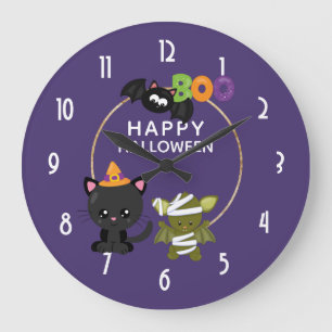 Grande Horloge Ronde Cute Halloween Cat, Bat & Mummy Boo