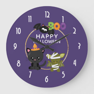 Grande Horloge Ronde Cute Halloween Chat, chauve-souris et maman Boo
