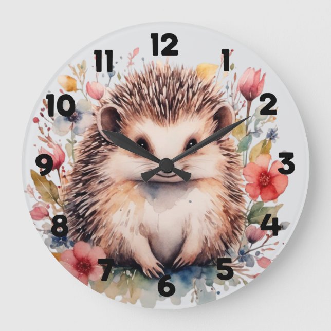 Grande Horloge Ronde Cute hedgehog with Spring flowers (Recto)