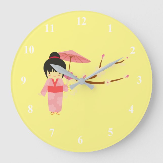 Grande Horloge Ronde Cute japonaise rose cerise Blossom Geisha (Recto)