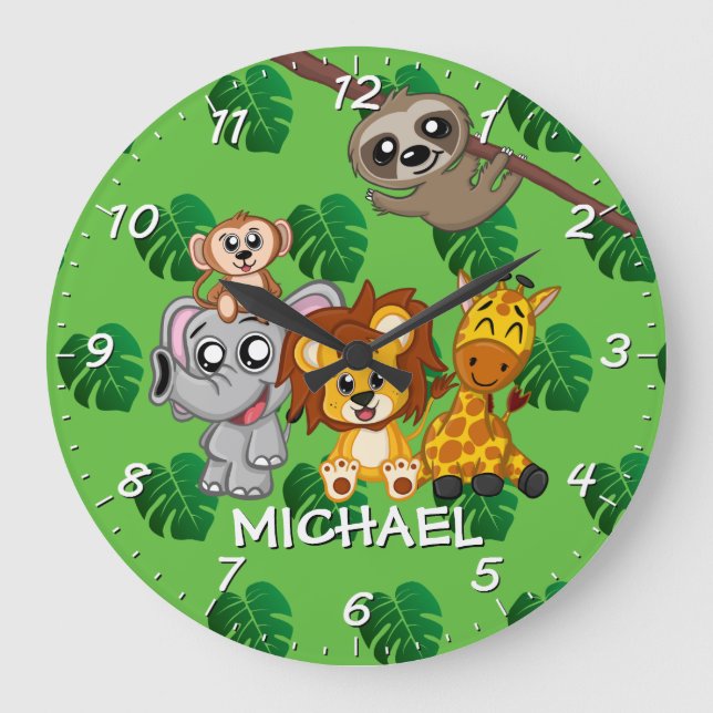 Grande Horloge Ronde Cute Jungle Animaux Rainforest Green Name Cartoon (Recto)