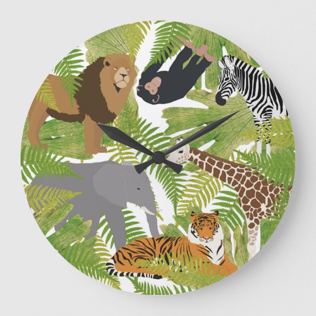 Grande Horloge Ronde Cute Jungle Animaux Safari Garçon | Fille (Recto)