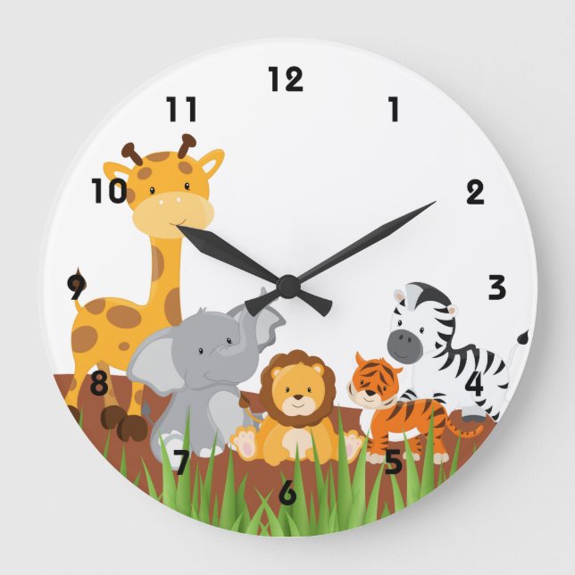 Grande Horloge Ronde Cute Jungle Baby Animals Wall Clocks (Front)