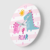 Grande Horloge Ronde Cute Kawaii Dinosaur Fille Pink Nursery Fun Roar (Angle)