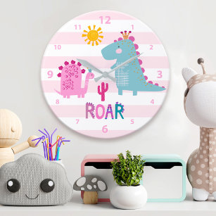 Grande Horloge Ronde Cute Kawaii Dinosaur Fille Pink Nursery Fun Roar