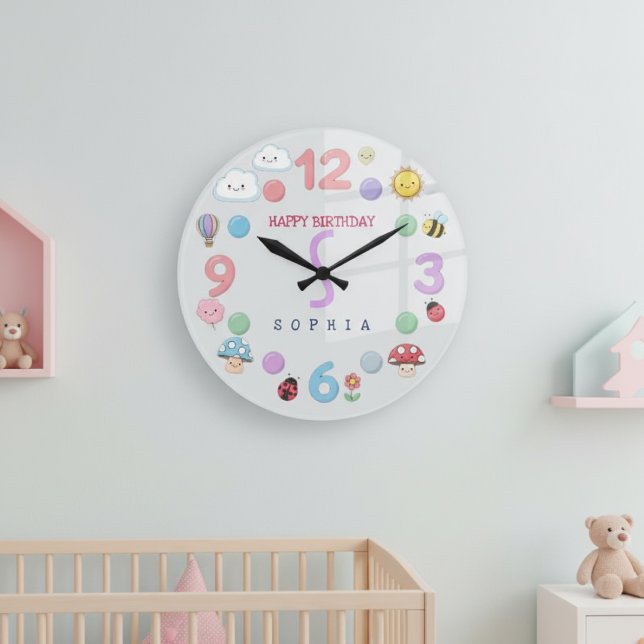 Grande Horloge Ronde Cute Kawaii Personalized Birthday Name (Créateur téléchargé)