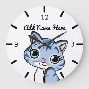 Grande Horloge Ronde Cute Kitten bleu personnalisé
