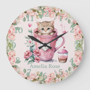 Grande Horloge Ronde Cute Kitten Chat en Coupe Fleurs Roses Roses Roses