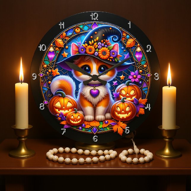 Grande Horloge Ronde Cute Kitten Halloween Vitrail (Créateur téléchargé)