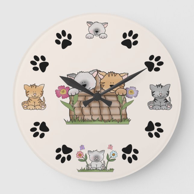 Grande Horloge Ronde Cute Kitty Cats and Paw Prints (Recto)