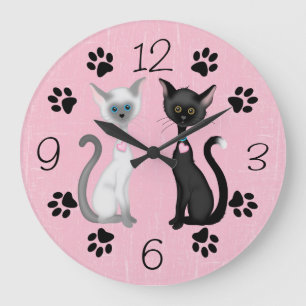 Grande Horloge Ronde Cute Kitty Cats et Paw Prints